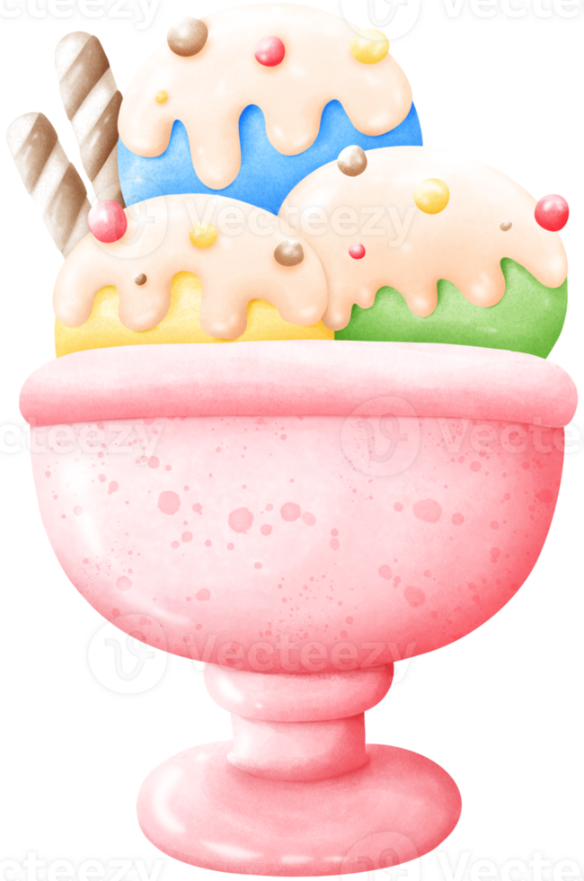 Three flavors of ice cream topped with candy bars png
