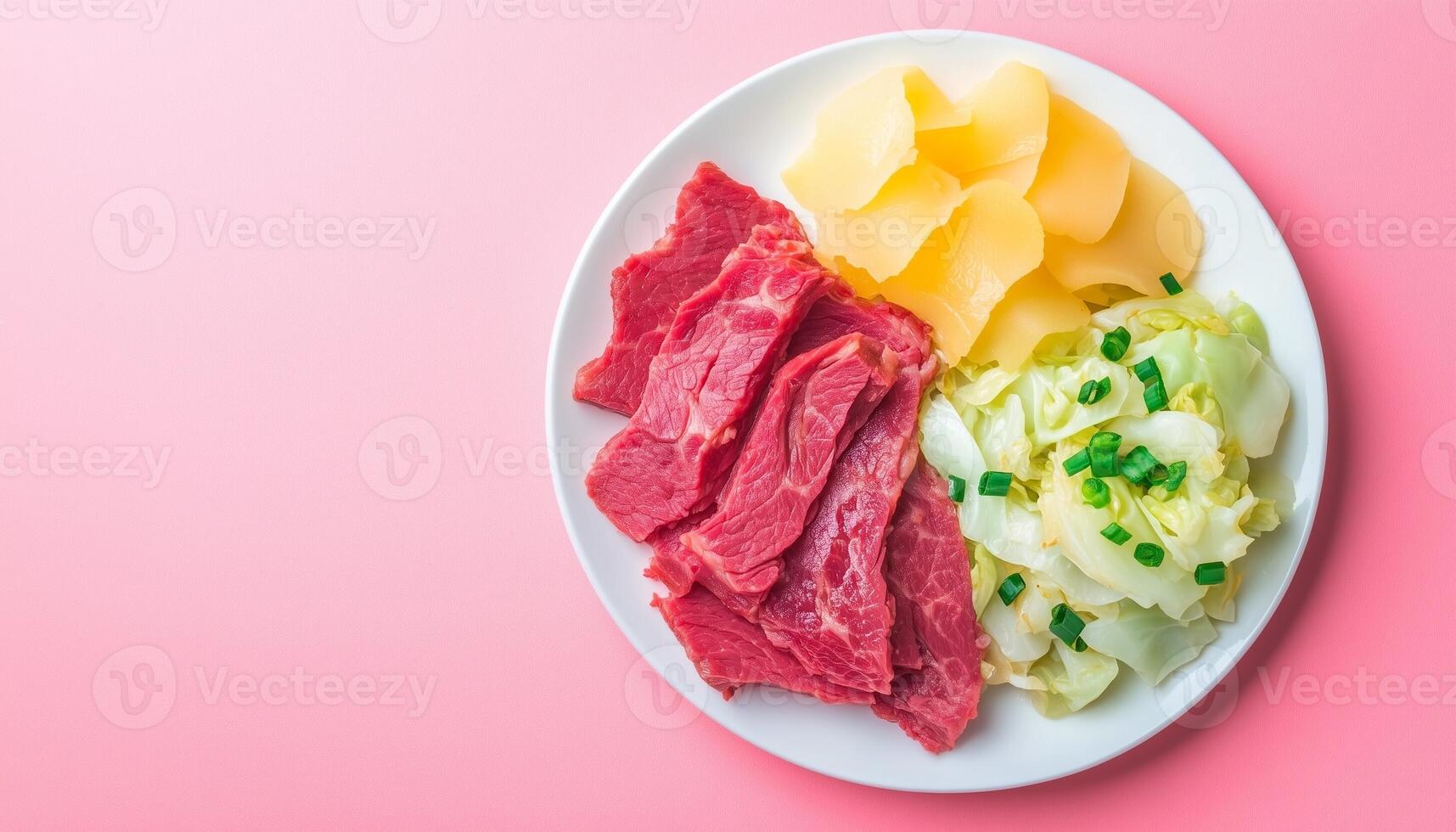 Fresh beef slice un cook with potato and cabbage on white plate photo