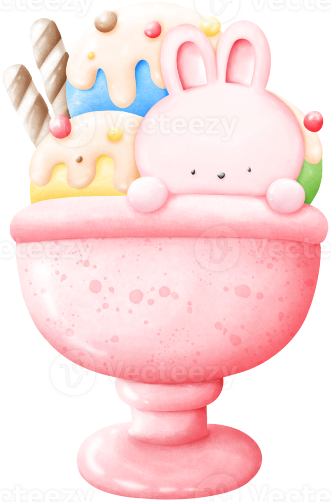Three flavors of ice cream topped with candy bars and little bunnies. png