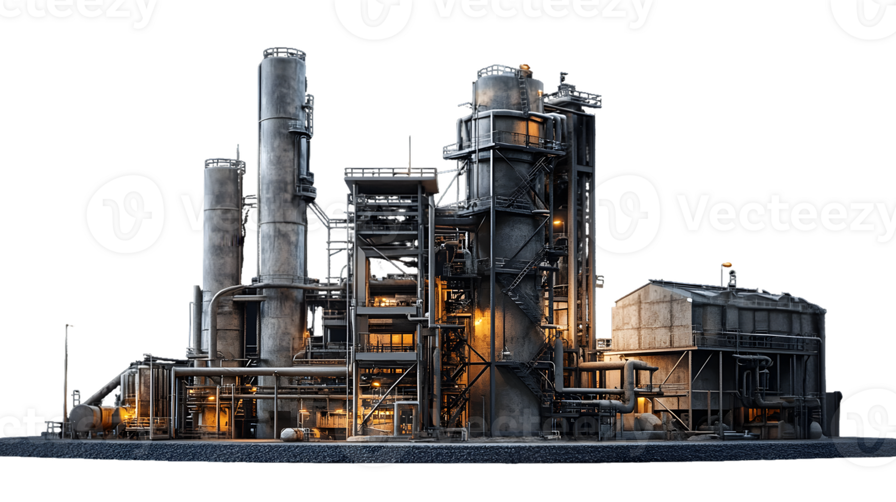Industrial Complex at Night Weathered Structures Illuminated png