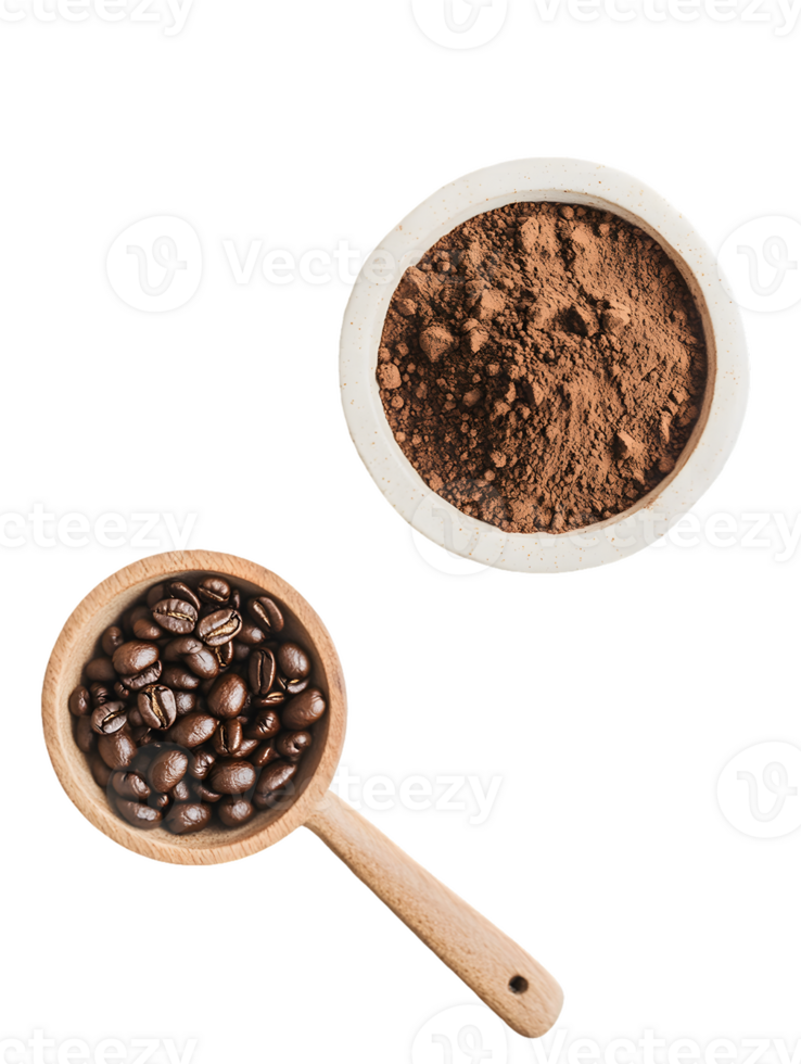 Roasted Coffee Beans and Ground Coffee Overhead View png