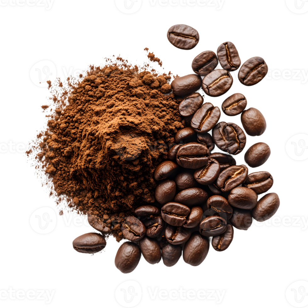 Roasted Coffee Beans and Ground Coffee Powder Rich Brown Tones and Textures png