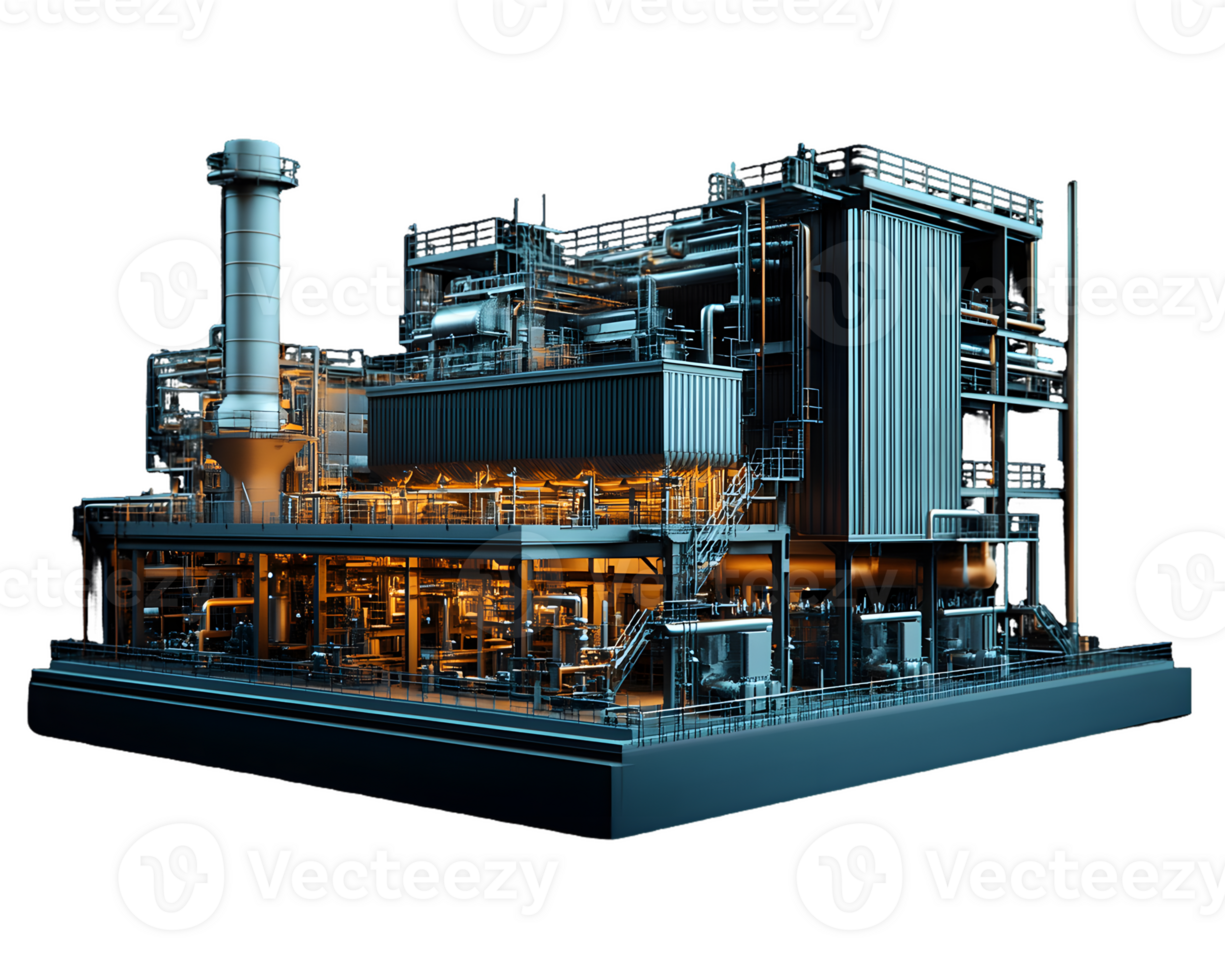 Night industrial power plant illuminated structures and complex network of pipes and machinery png