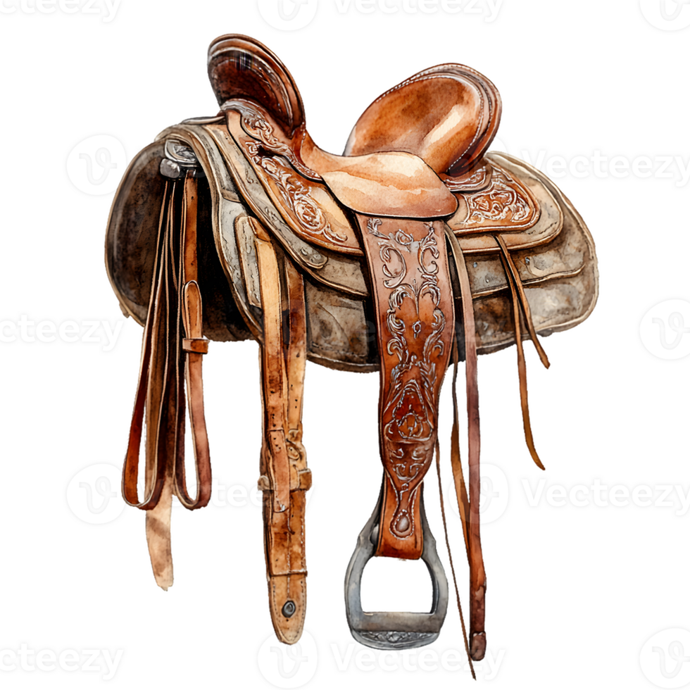 Rustic Western Leather Saddle with Intricate Tooled Details png