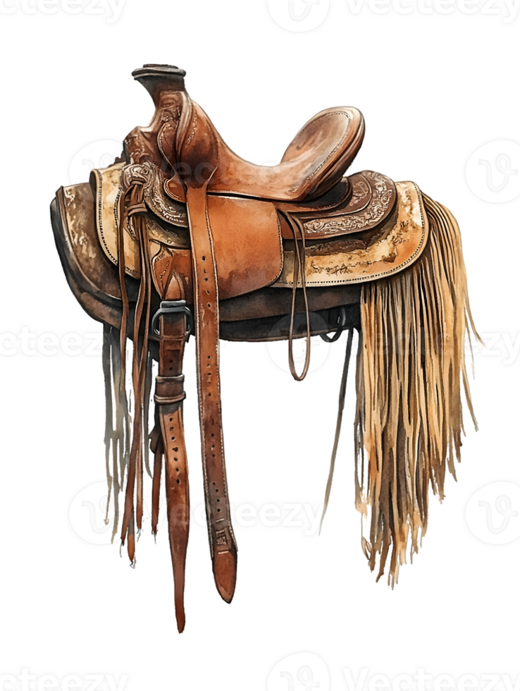 Vintage Western Saddle with Leather and Fringe Details png
