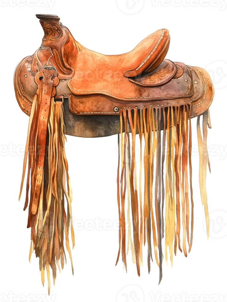 Western Saddle with Brown Leather and Long Fringes Watercolor Painting png