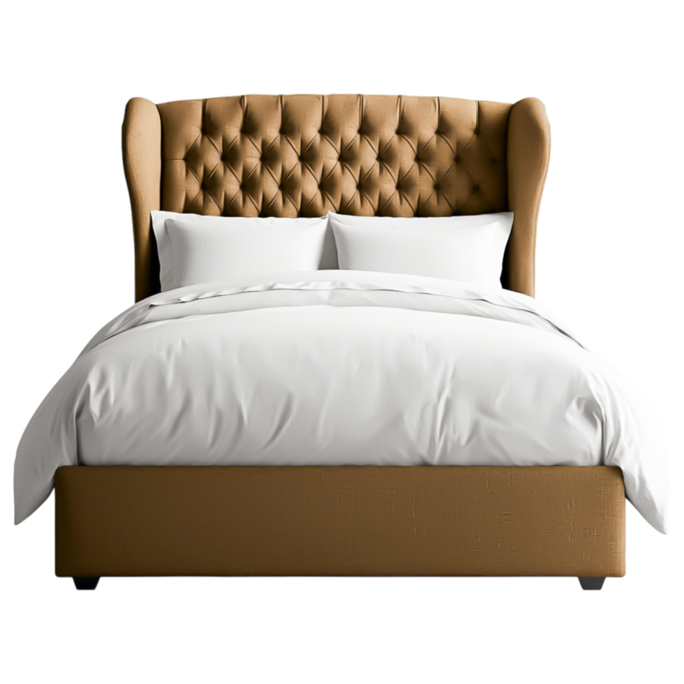 Cozy Brown Bed with White Bedding for Modern Interiors png