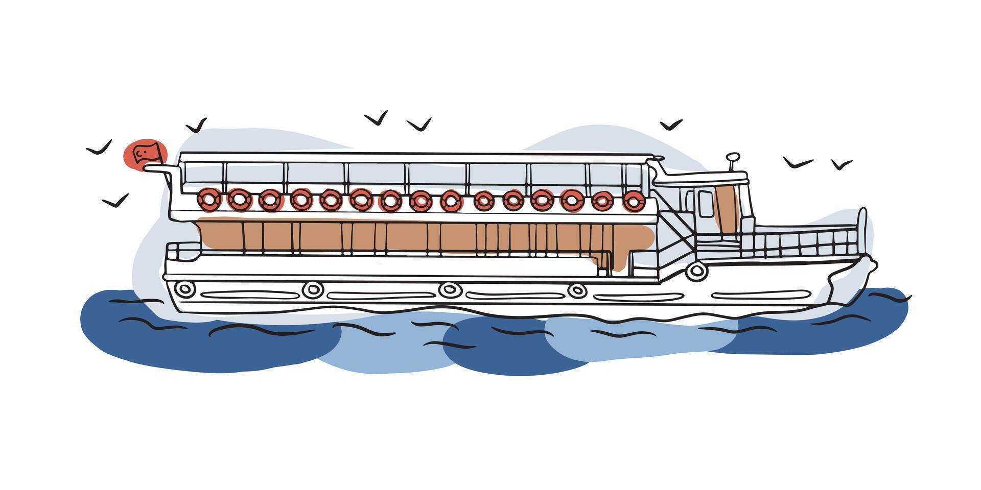 Illustrated Bosphorus ferry cruising the sea, representing Istanbul scenic views and cultural charm. Great for nautical, travel, or urban exploration designs vector