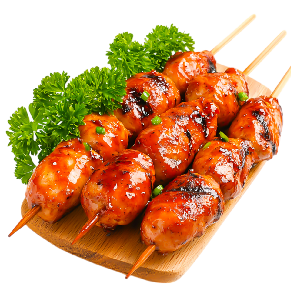 Grilled Chicken Skewers with Sauce and Fresh Greens png