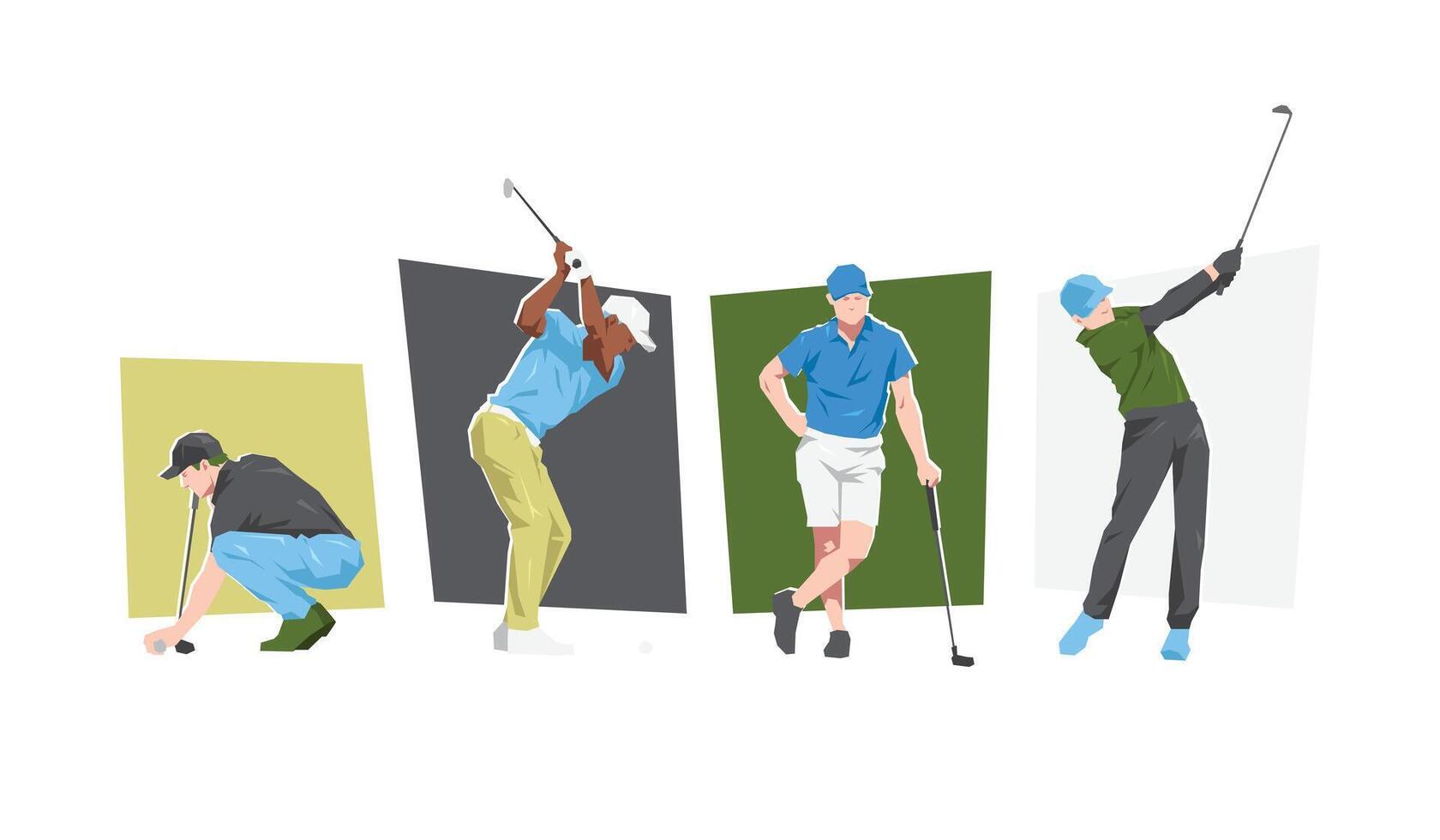 Set of male golfer character in action. People playing golf. Isolated on white background. Flat illustration. vector
