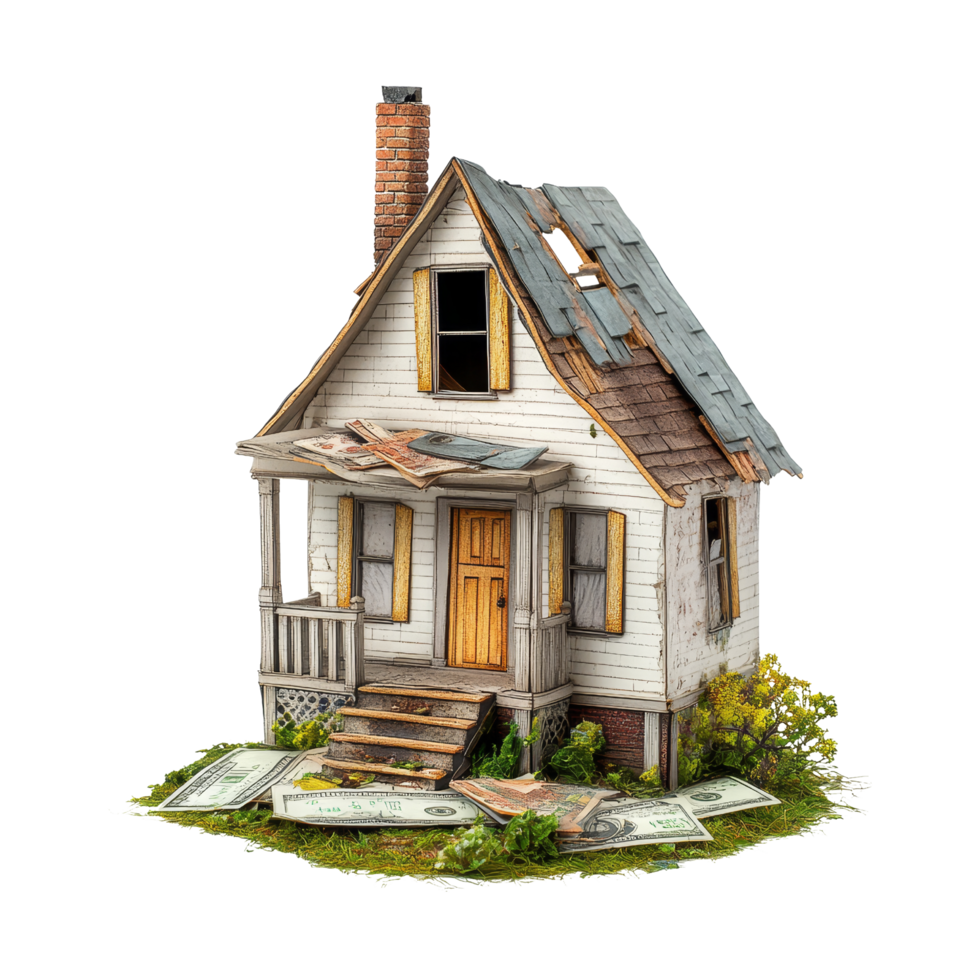 Abandoned house with money urban setting 3d model png