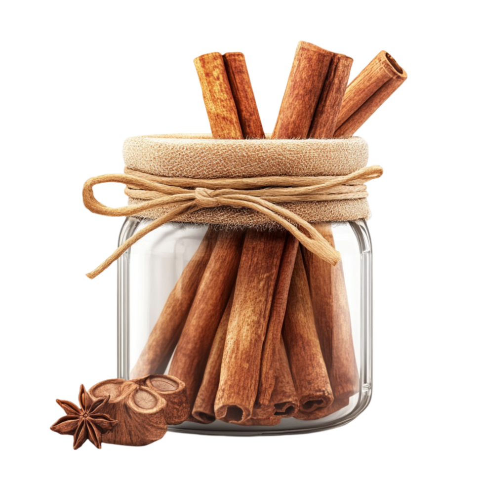 Cinnamon Sticks in Glass Jar with Jute Rope and Star Anise png