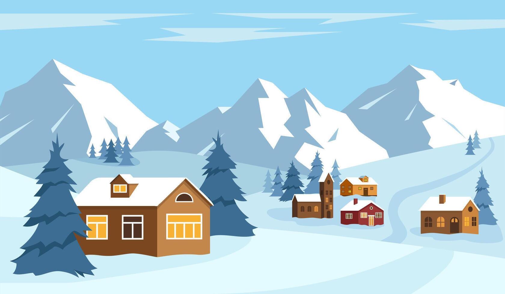 Snow winter landscape. Snow mountains and small village. Mountain winter resort concept. vector