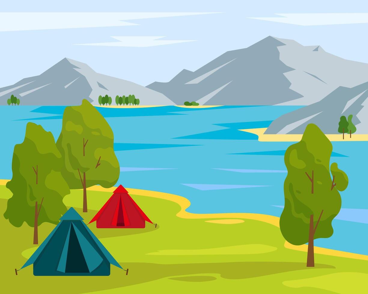 Summer or spring landscape. Camping tents near the lake and mountains. Time to travel concept. vector