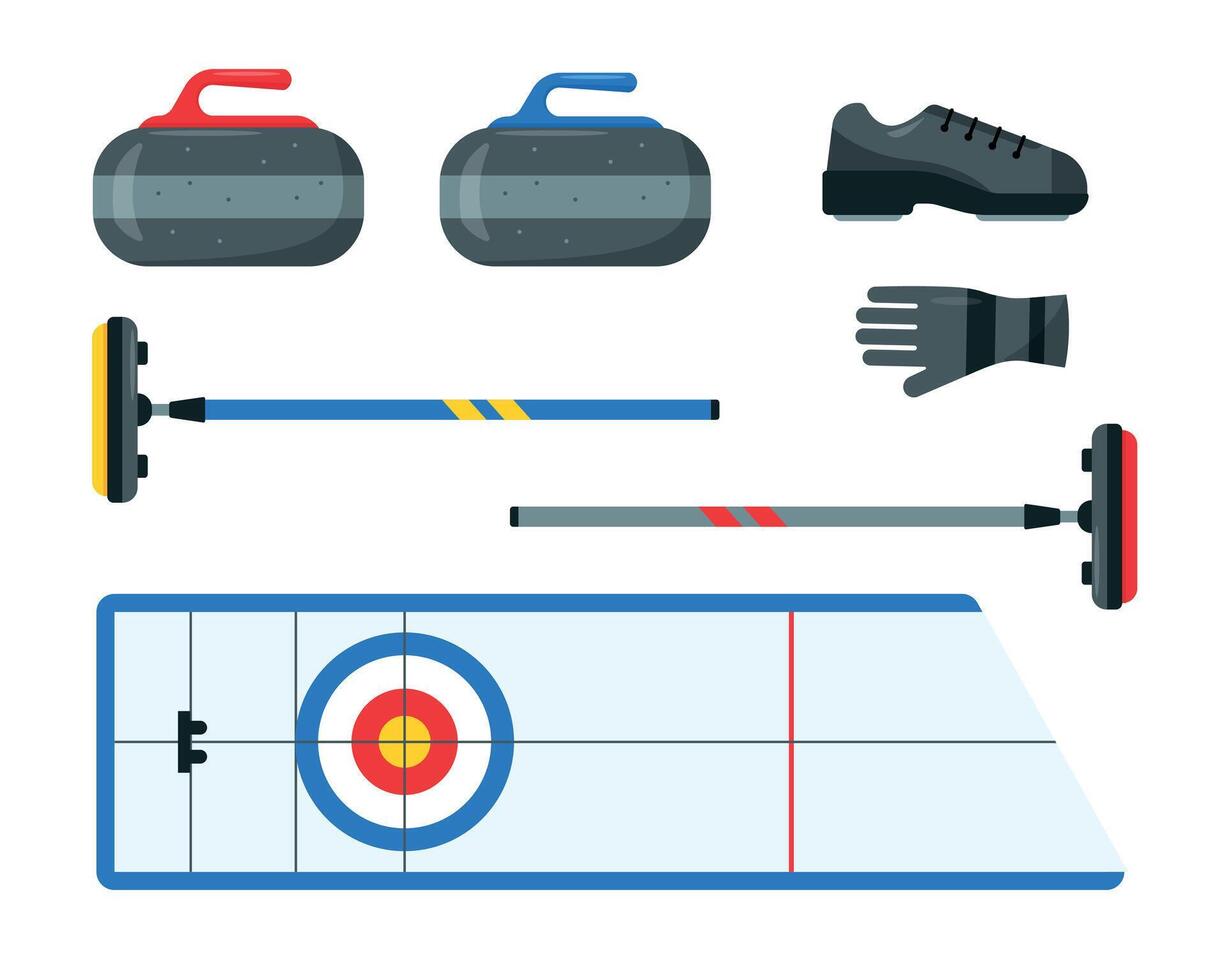 Curling equipment set. Collection of elements for curling game. Sport ice rink or House, stones, broom, shoe and glove. vector