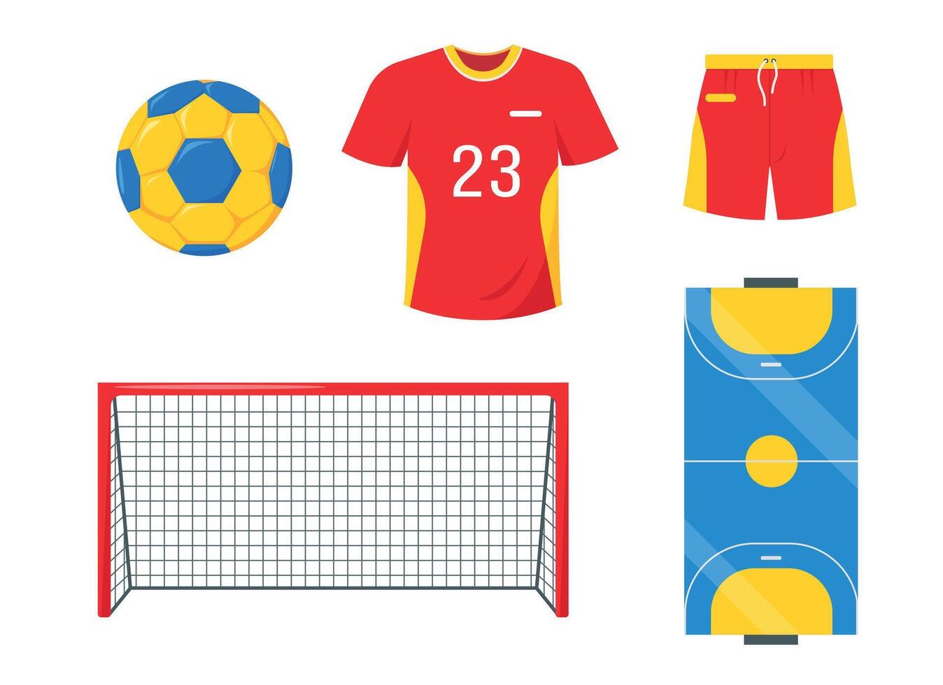 Handball elements set. Equipment and accessories for sport match. Ball, gate, clothing and court for playing handball. vector
