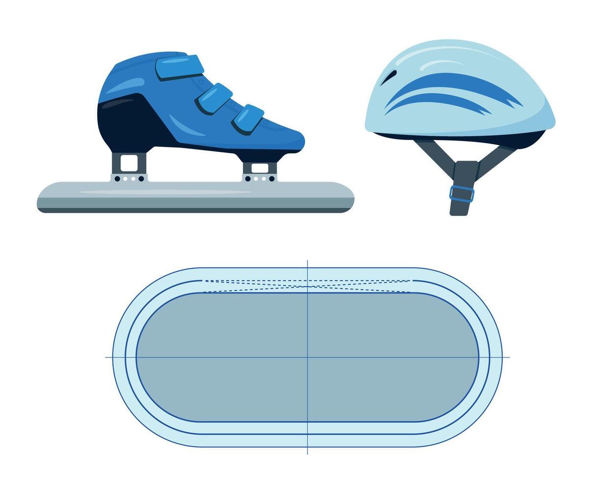 Sport Equipment for Speed Skating or Short Track. Blue speed Skate, helmet and ice rink. Winter sport accessories icon vector