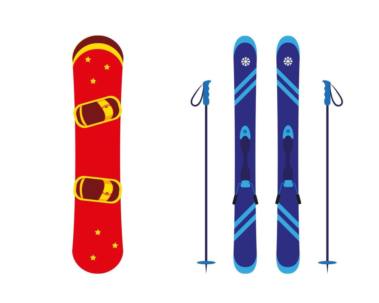 Snowboard, ski and sticks isolated on white background. Winter sport icon. vector