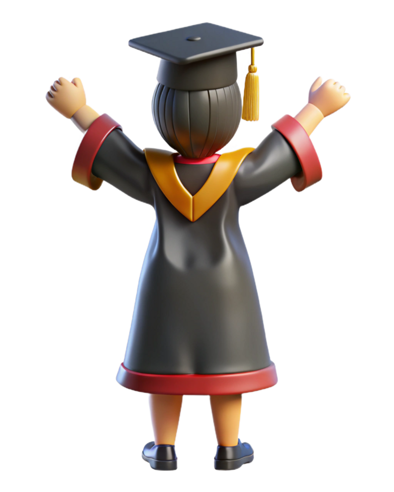 Female graduate celebrating with cap and gown seen from behind png