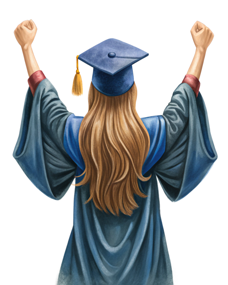 Female graduate celebrating outdoors in her cap and gown png