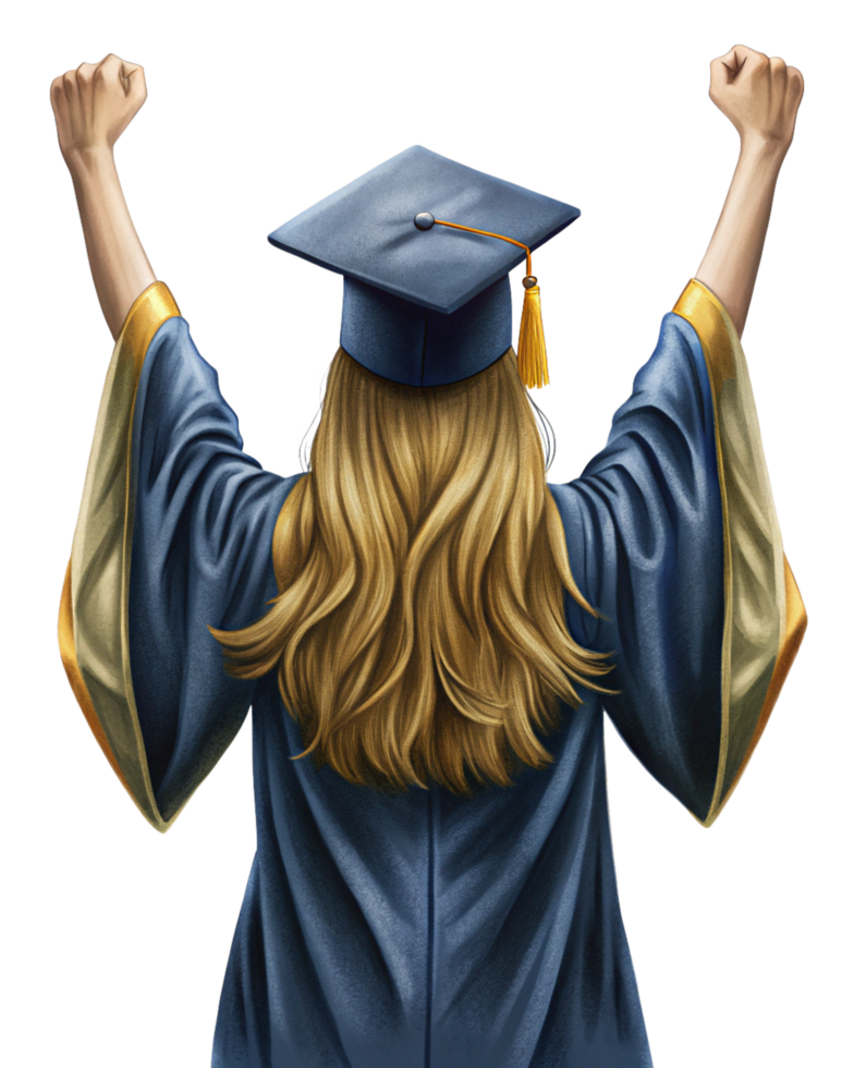 Rear shot of graduate woman with mortarboard and gown png