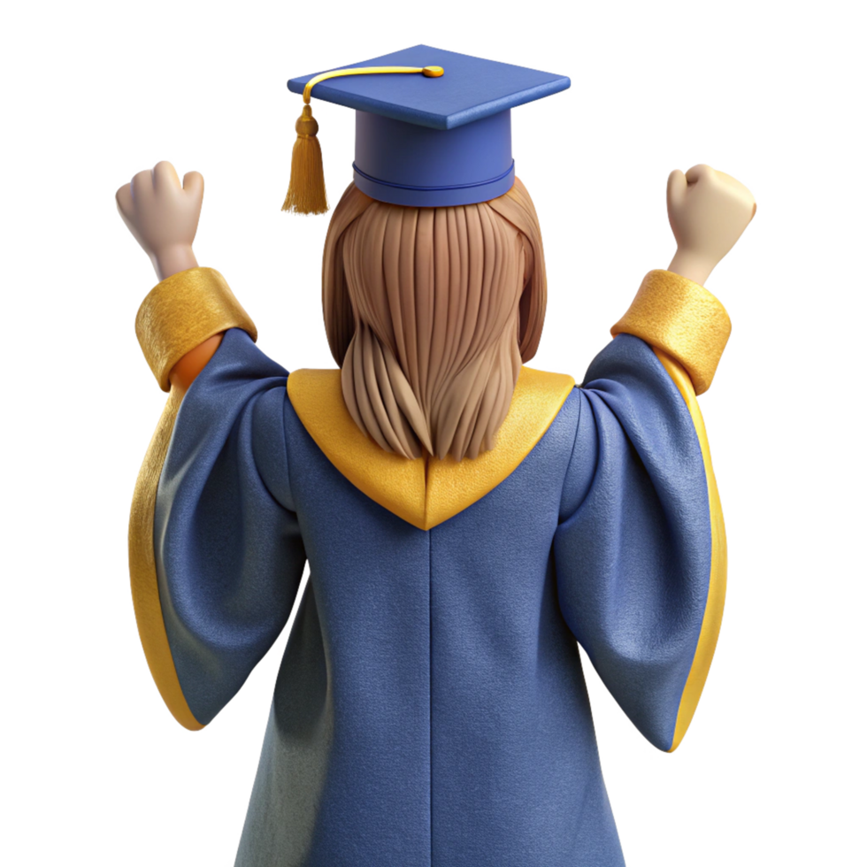 Back view of a joyful graduate wearing cap and gown png