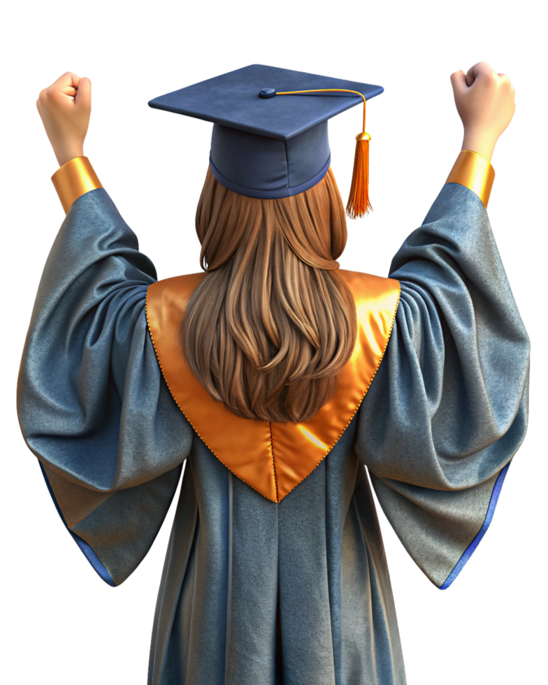 Female graduate wearing her gown and mortarboard seen from behind png