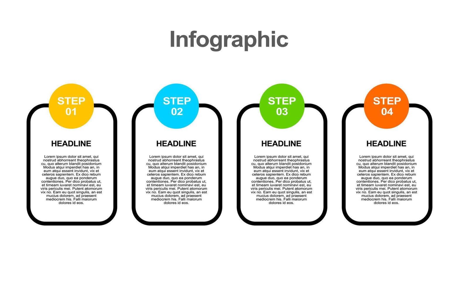 Four step process infographics presents headlines and descriptive text. vector