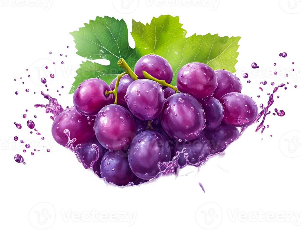 Grapes and Grape Juice Splash with Green Leaves png