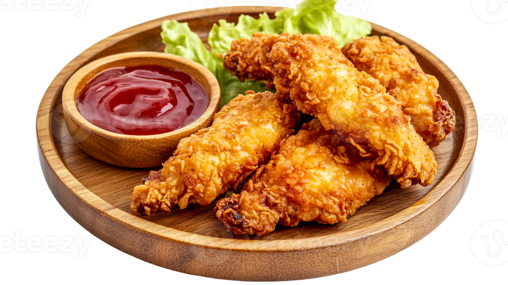 Crispy Chicken Fingers with Ketchup on a Wooden Plate png