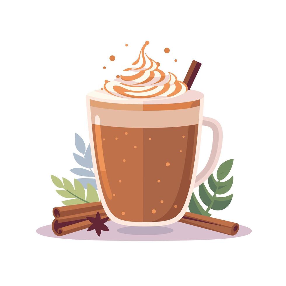 Warm beverage with whipped cream and cinnamon design in a cozy setting vector