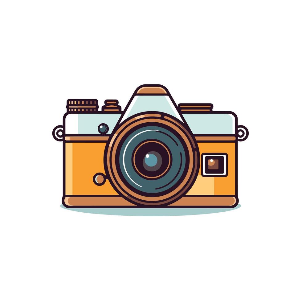 Vintage camera design featuring a stylized orange and white body with detailed lens and controls vector
