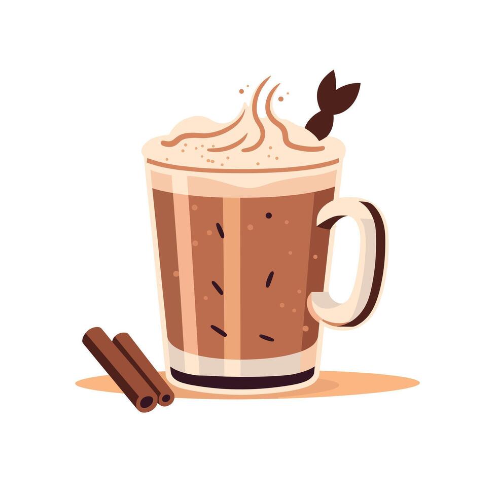 Creamy iced coffee in a glass with cinnamon sticks and decorative foam on top vector