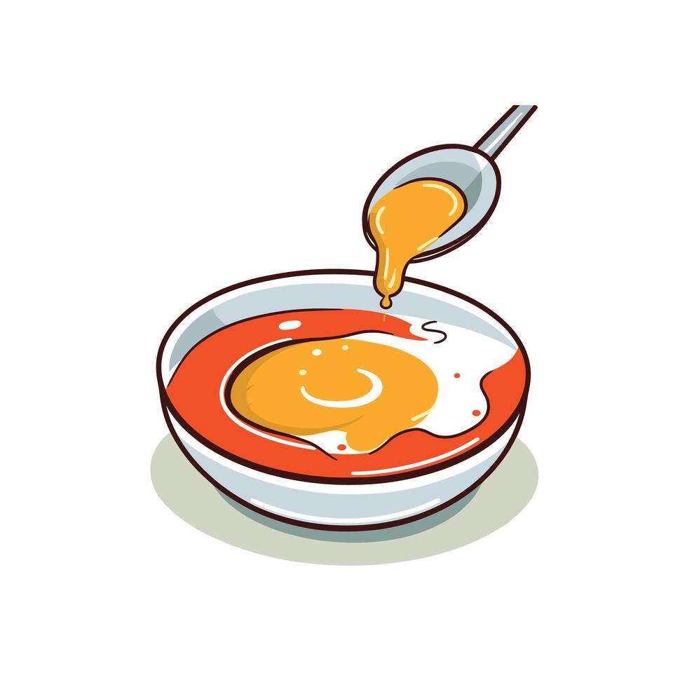 Preparing a delicious egg with a rich, golden yolk in a bowl of smooth red sauce for a tasty meal vector
