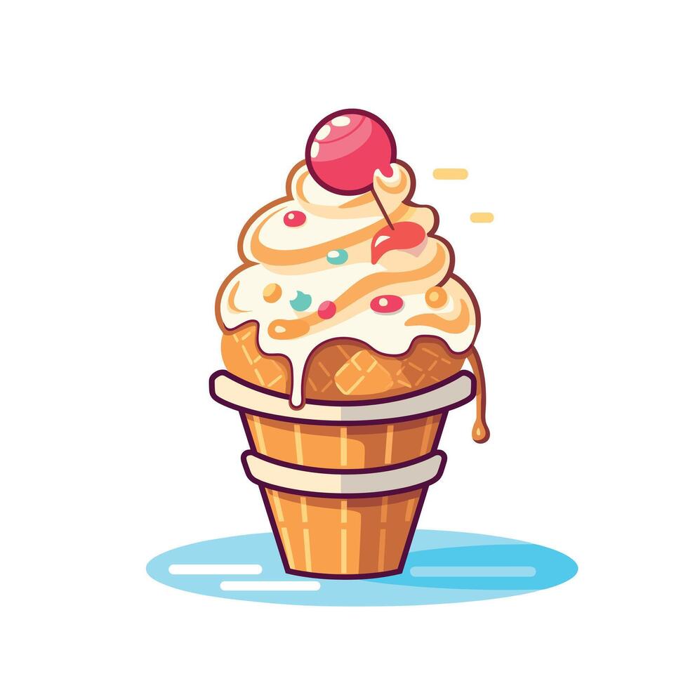 Delicious ice cream sundae with cherry and sprinkles served in a waffle cone vector