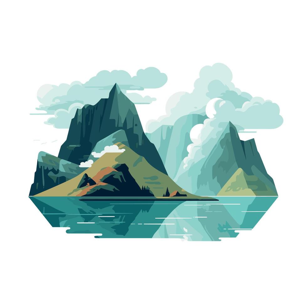 Beautiful mountainous landscape with serene water reflections under a cloudy sky vector