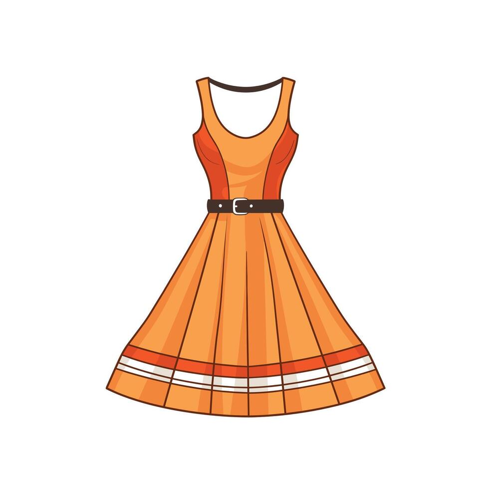 Vibrant orange dress design featuring a classic flared silhouette and stylish belt vector