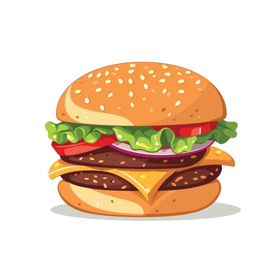 Delicious art of a classic cheeseburger stacked with lettuce, tomato, onion, and cheese on a sesame seed bun vector