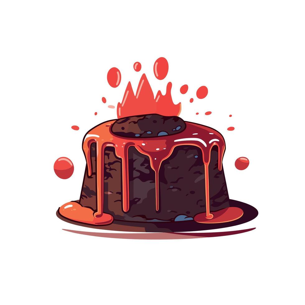 Delicious molten chocolate cake with flowing ganache and splashes of red sauce on a white background vector