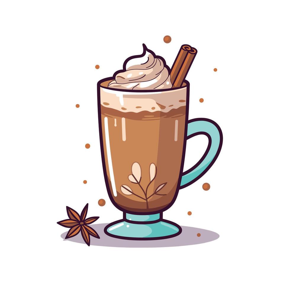 Delicious warm beverage with whipped cream and spices in a decorative glass vector