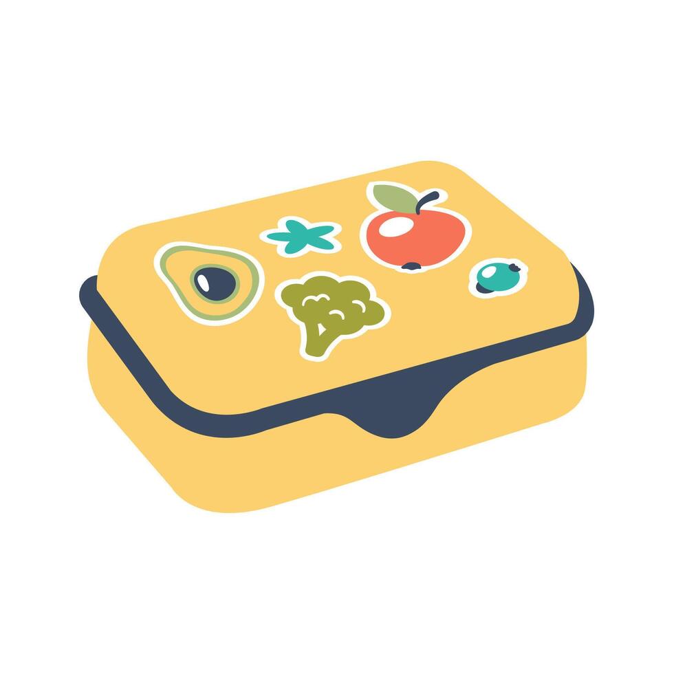 Yellow plastic Lunch box isolated on white background. School Breakfast Container with various colour stickers. Apple avocado broccoli labels on school kids box. Lunchbox icon. vector