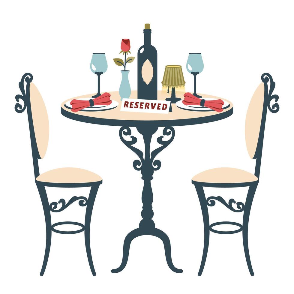 Romantic table restaurant isolated. Vintage table and chairs with romantic dinner. Festive table setting. Table for two with bottle of wine, lamp, glasses, rose, cutlery. flat illustration vector