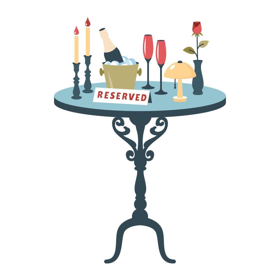 Romantic dinner. Festive table setting. Restaurant reservation. Reserved Table for two with cutlery, rose, champagne, lamp, candles in candlestick. Vintage Luxury furniture. vector