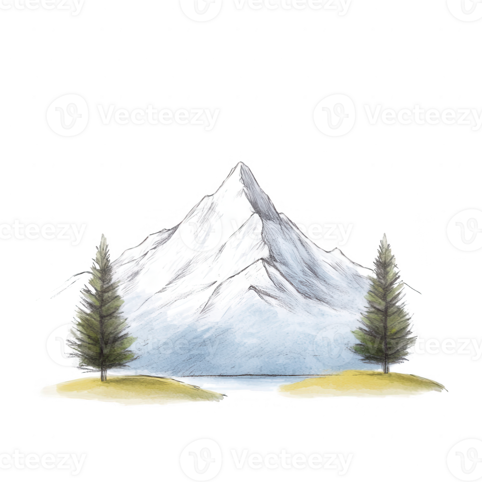 A beautiful watercolor landscape featuring mountains and evergreen trees. png