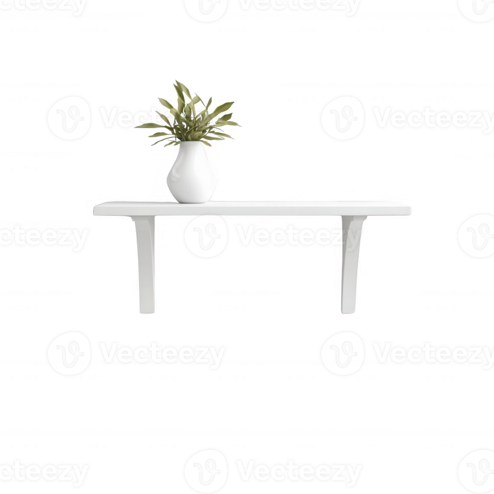 A minimalist shelf with a white vase and a green plant, ideal for modern decor. png