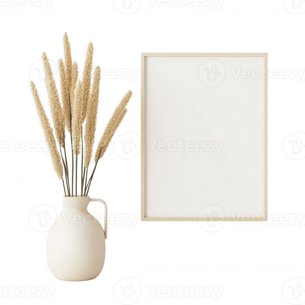 A minimalist display featuring a vase and a blank frame for home decoration. png