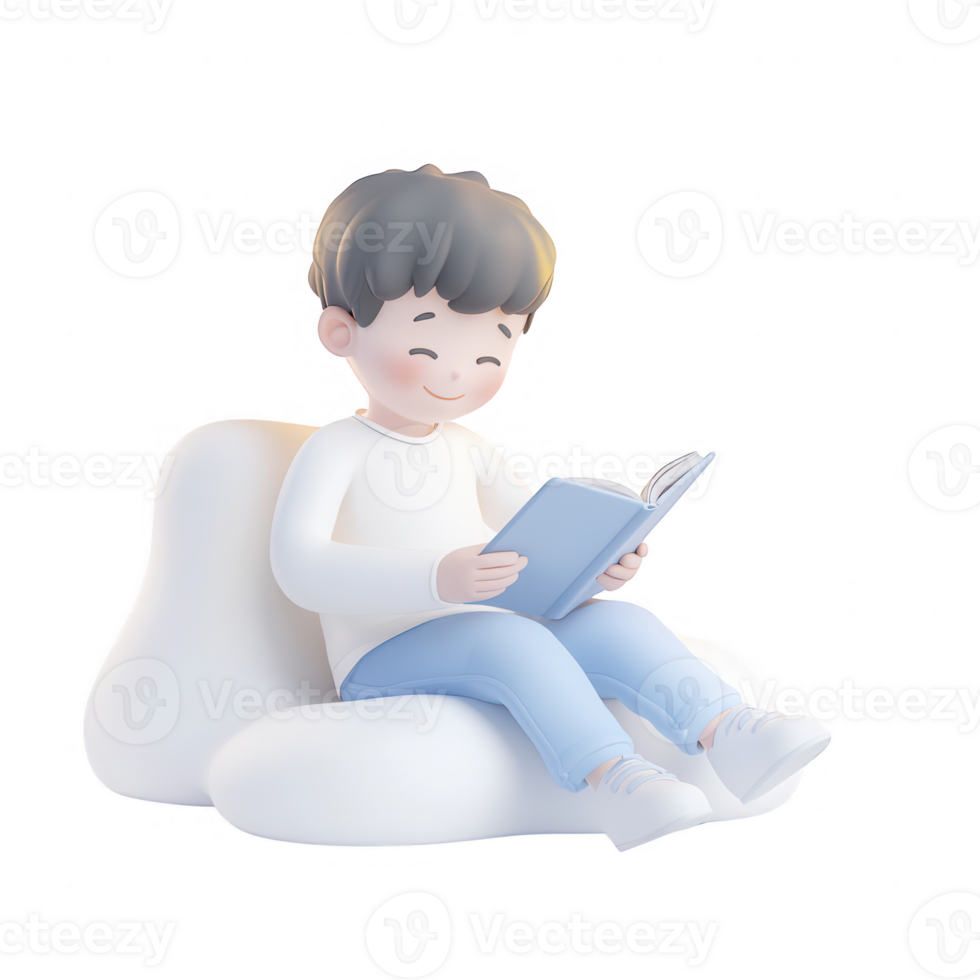A happy child reading a book, enjoying a cozy moment of relaxation at home. png