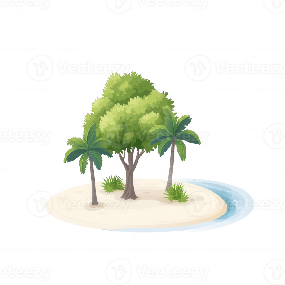 A serene tropical island with lush trees and gentle waves by the shoreline. png