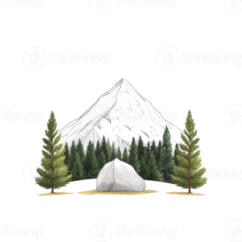 A serene mountain scene with lush trees and a large rock under the majestic peak. png