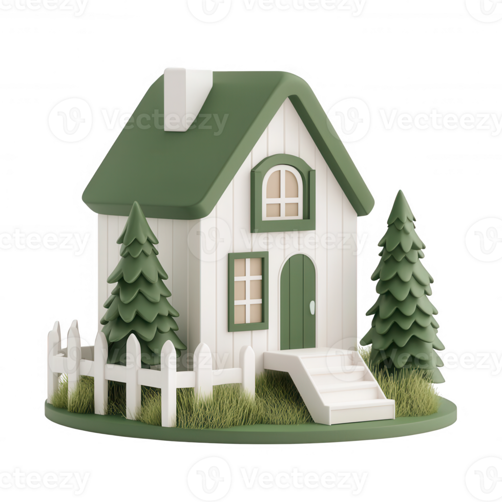 Charming green and white house surrounded by trees and a fence. png